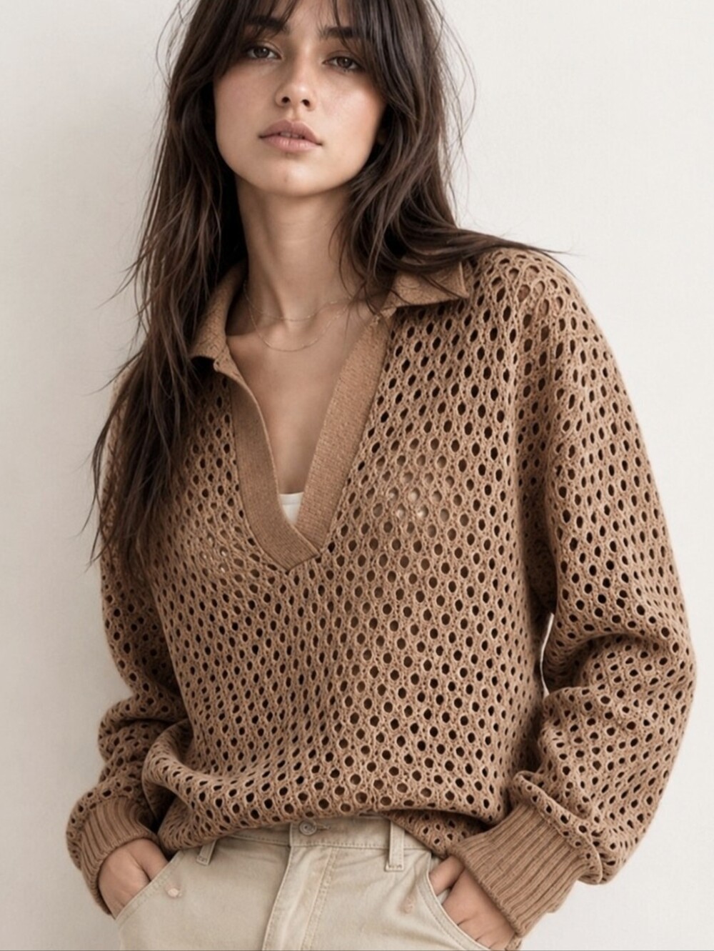 Aerie Open Knit Oversized Polo Sweater in Brown/Tan 100% Cotton Size XL NEW NWT - Picture 1 of 8